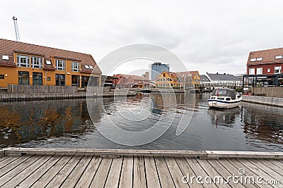 Fiskebrygga in Kristiansand, beautiful colorful houses, Norway Stock Photo