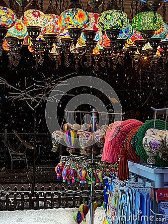 Fisrt snow sight from the souvenir market in Cappadocia, Turkey Stock Photo