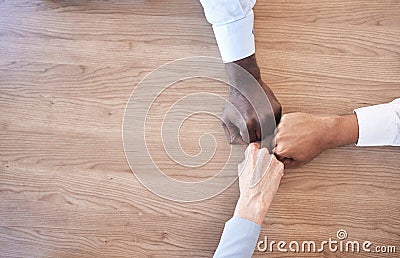 Fist bump, business people and diversity of staff with company support and collaboration. Teamwork, mockup and team Stock Photo