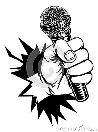 Hand Holding Microphone Breaking Background Vector Illustration