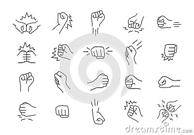 Fist punch. Fight hit. Power icons. Bump or violence hand line strokes. Strength impact. Fighters gesture pictogram Stock Photo