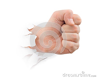 Fist punching paper Stock Photo