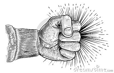 Fist Punching Vintage Propaganda Woodcut Style Vector Illustration