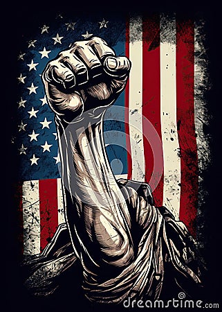 Fist raised over american flag. Poster design in style of grunge illustration. Patriotism and freedom concept. Generative Ai Cartoon Illustration