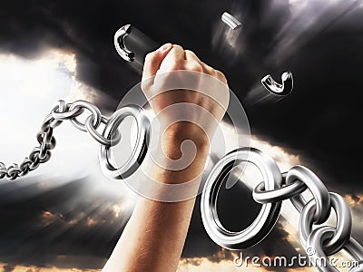 Fist smashes the fetters. Chains in the form of procent sign. Concept freedom from the chains of slavery Stock Photo