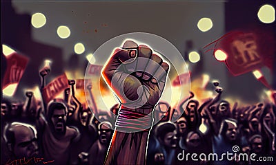 Fist up close-up, hand in a crowd of protesting people at a protest. Generative AI Stock Photo