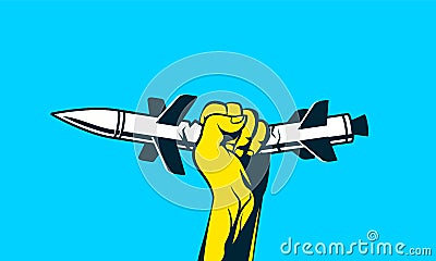 The fisted hand caught a cruise missile and broke the weapon. Ukrainian flag color social banner background Vector Illustration