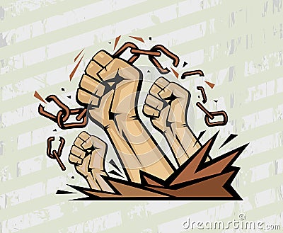 Fists tearing chains vector poster Vector Illustration