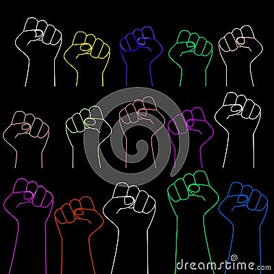 Fists up on black background, a symbol of the struggle for freedom and independence, demonstrations, revolution and protests Stock Photo