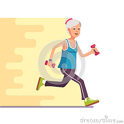 Fit elderly woman jogging with dumbbells Vector Illustration