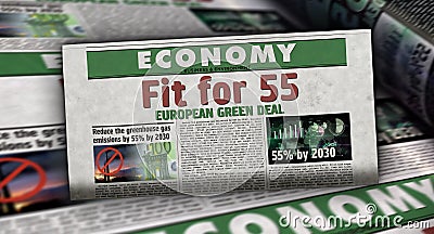 Fit for 55 European Green Deal retro newspaper 3d illustration Cartoon Illustration