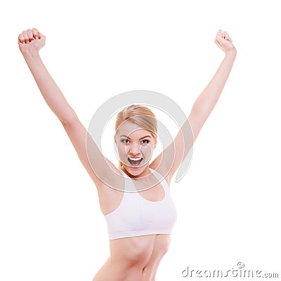 Fit fitness sport woman happy girl celebrating success isolated Stock Photo