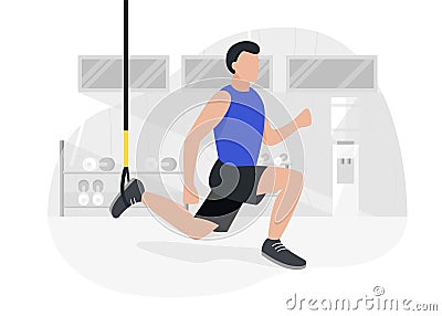 Fit man working out on trx doing bodyweight exercises. Fitness strength training workout. Vector Illustration