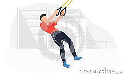 Fit man working out on trx doing bodyweight exercises. Fitness strength training workout. Vector Illustration