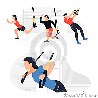 Fit people working out on trx doing bodyweight exercises. Fitness strength training workout. Vector Illustration