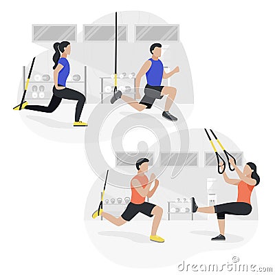 Fit people working out on trx doing bodyweight exercises. Fitness strength training workout. Vector Illustration