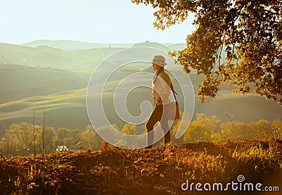 Fit solo traveller woman looking into distance Stock Photo