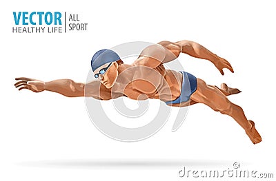 Fit swimmer training in the swimming pool. Professional male swimmer inside swimming pool. Butterfly stroke. A man dives Vector Illustration