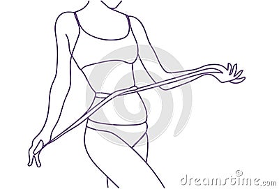 Fit Woman Measuring Waist, Weight Loss, Diet, Healthy Doodle Body Closeup Vector Illustration