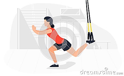 Fit woman working out on trx doing bodyweight exercises. Fitness strength training workout. Vector Illustration