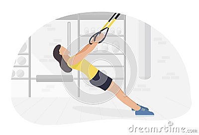 Fit woman working out on trx doing bodyweight exercises. Fitness strength training workout. Vector Illustration