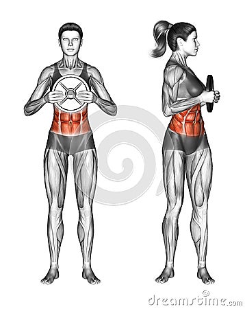 Fitball exercising. Oblique Twist with Weight Plate. Female Stock Photo