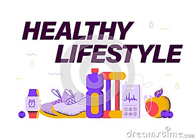 Healthy lifestyle concept with sport foot wear outfit, smartphone with fitness app interface, earphones Vector Illustration