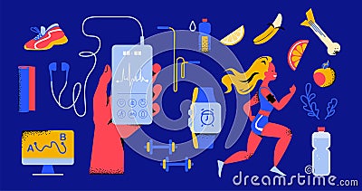 Healthy lifestyle equipment elements set: woman run in sport outfit, hand hold smartphone, fitness app, earphone Vector Illustration