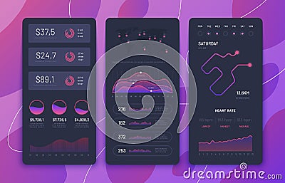 Fitness app ui. Phone dashboards with charts, diagrams and navigation map. Smartphone application screens vector design Vector Illustration