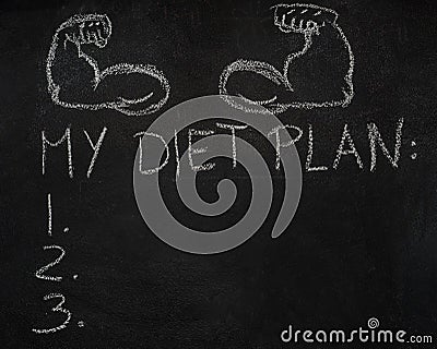 Fitness arms and My diet plan list on black chalkboard Stock Photo