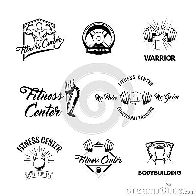 Fitness badges logos set. Gym badges. Sportive figure, Barbell disk, Kettlebell, Floor scale. Bodybuilding sign. Vector. Vector Illustration