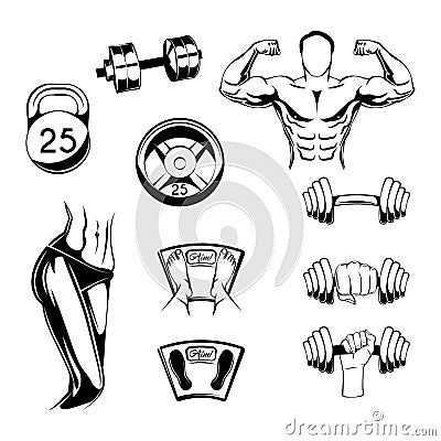 Fitness badges Set. Sport Labels, Gym icons, Woman and Man Silhouettes, Barbell and Weight Symbols. Sport equipment. Vector. Vector Illustration