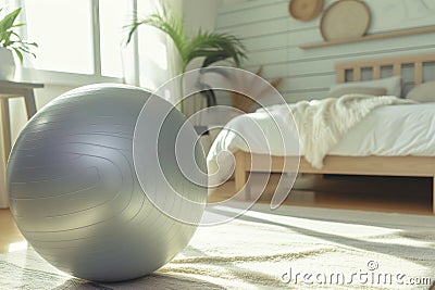 fitness ball used for leg lifts, serene bedroom environment Stock Photo