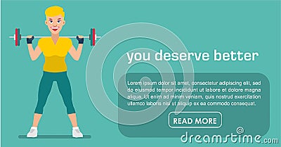 Fitness banner. Flat style. Pretty girl with a barbell Vector Illustration