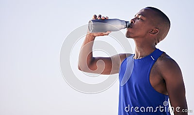 Fitness, black man and drinking water outdoor for training, running and morning cardio on mockup space. Exercise, break Stock Photo