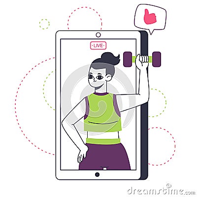 Fitness blogger on smartphones screen. Online workout, sport lover blog concept. Video content author on mobile phone screen flat Vector Illustration