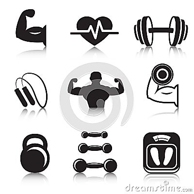 Fitness bodybuilding sport icons set Vector Illustration