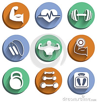 Fitness bodybuilding sport icons set Vector Illustration