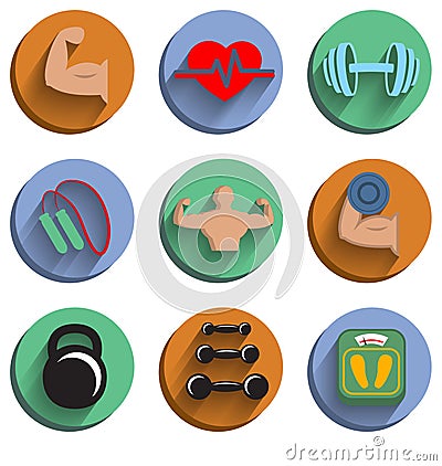 Fitness bodybuilding sport icons set Vector Illustration
