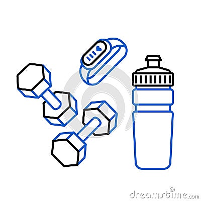 Fitness bracelet, sport water bottle and dumbbells Vector Illustration
