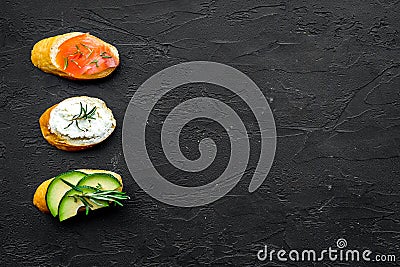 Fitness breskfast with homemade sandwiches on black background top view mockup Stock Photo