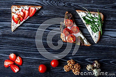 Fitness breskfast with homemade sandwiches dark table background Stock Photo