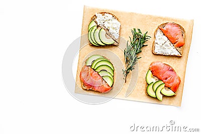 Fitness breskfast with homemade sandwiches on white background top view mockup Stock Photo