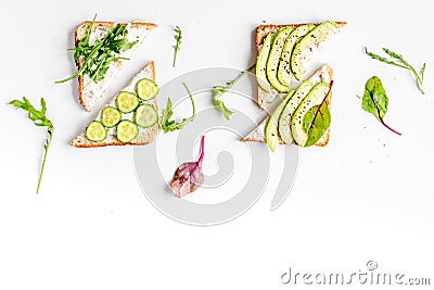 Fitness breskfast with homemade sandwiches white table background top view mock up Stock Photo