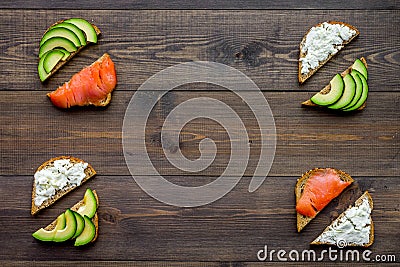 Fitness breskfast with homemade sandwiches on wooden background top view mockup Stock Photo