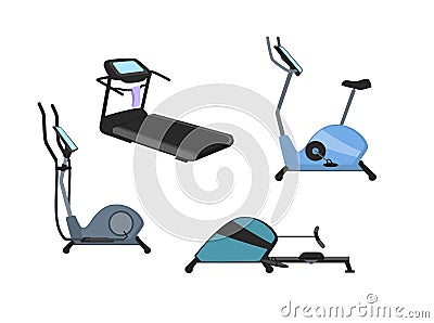 Fitness cardio machines set, treadmill elliptical rowing bike trainers vector graphic Vector Illustration