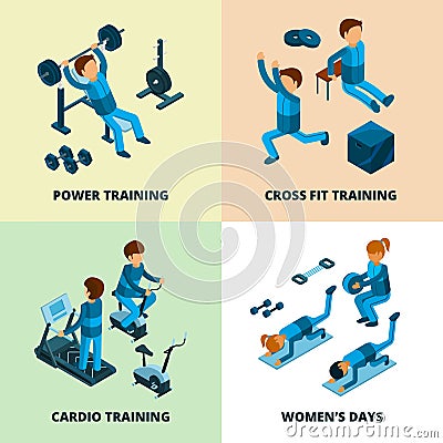 Fitness center isometric. Sport athlete people making power and cardio exercise aerobic in gym vector pictures Vector Illustration