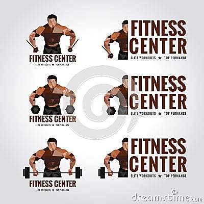 Fitness center logo low poly (Men's muscle strength and weight lifting) Vector Illustration