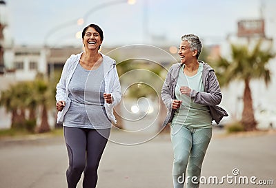 Fitness, city or friends running in a marathon challenge with sports performance goals on urban city street. Happy Stock Photo