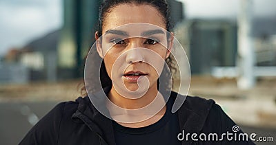 Fitness, city portrait and woman exercise, determined and ready for outdoor cardio, workout commitment or sports. Sweaty Stock Photo